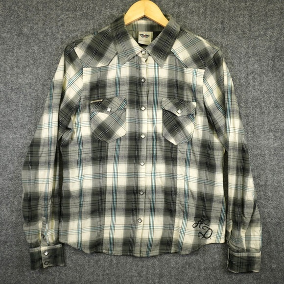 Harley Davidson Western Shirt Womens L Grey Plaid Snap Front Embroidered Back - Picture 2 of 9